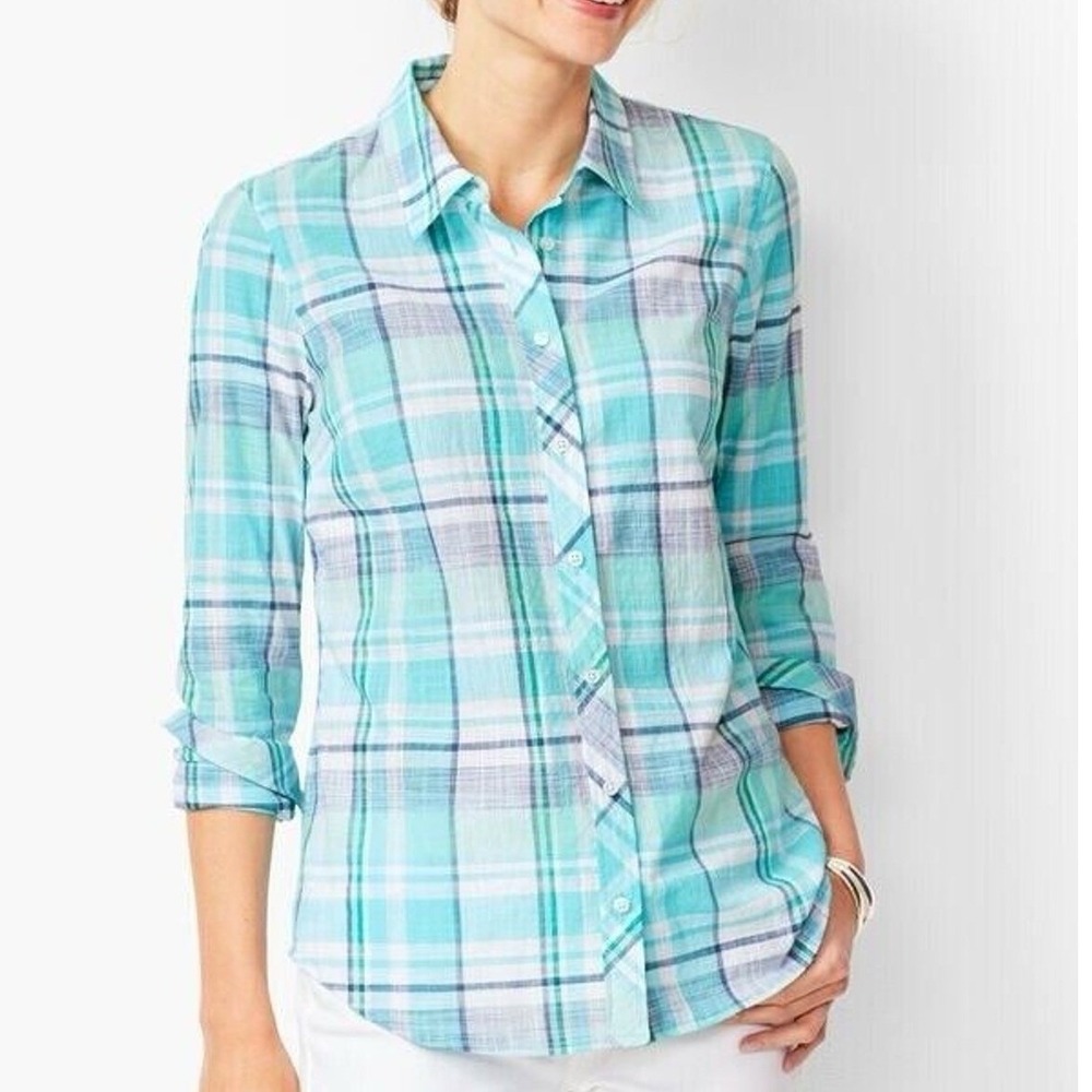 Talbots Size SP Petite Button Up Shirt Classic Cotton Sea Plaid Blue Long Sleeve
